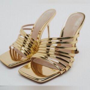 Zara Gold Strappy High Heel Slide Sandals - Women's